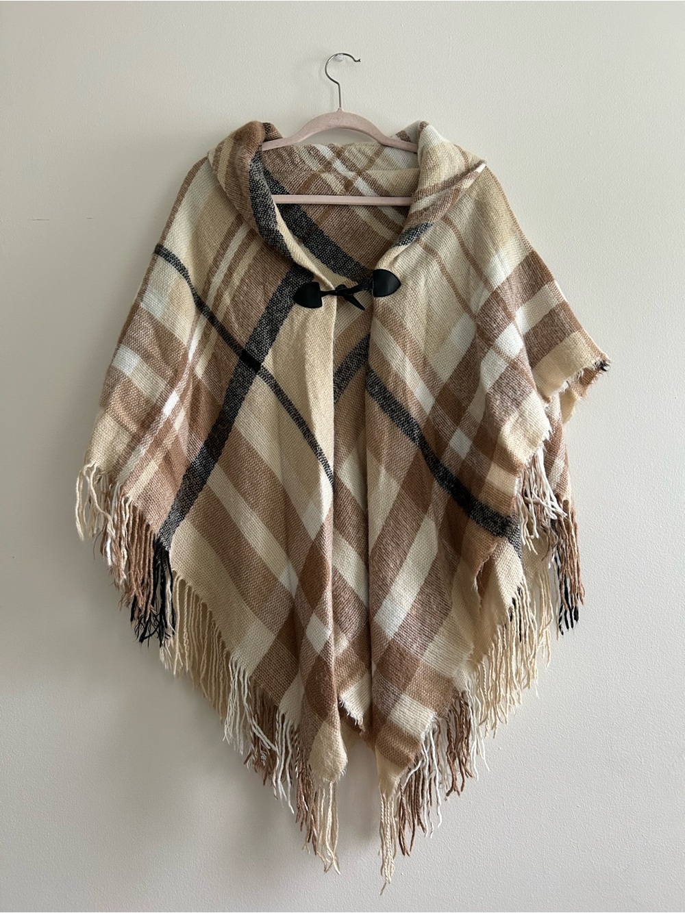 West Loop Neutral Plaid Hooded Fringe Poncho